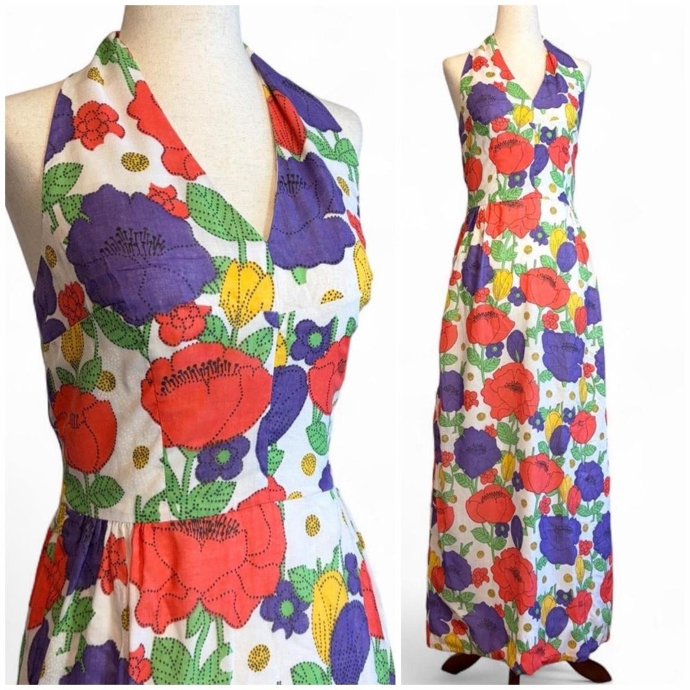 Vintage 70s Floral Halter Maxi Dress